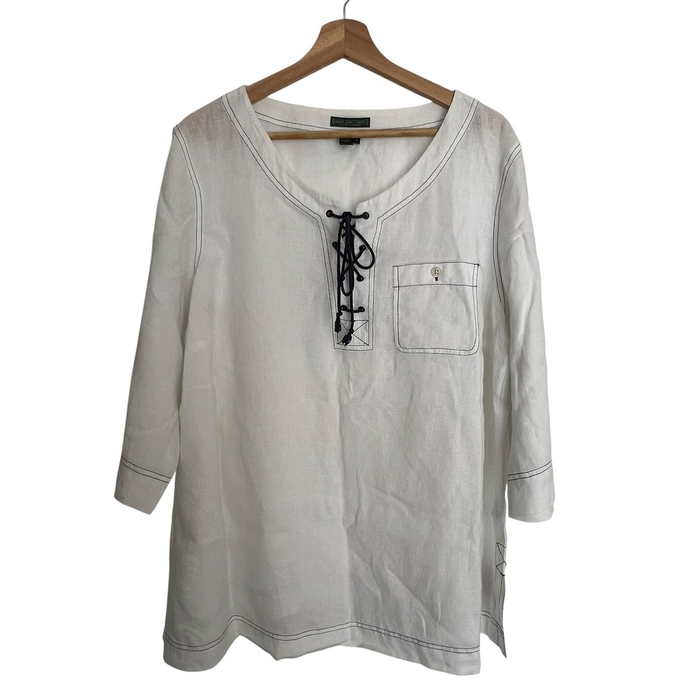 Lauren Ralph Lauren Linen Tunic Top White Navy Lace Up Nautical Summer Womens 1X